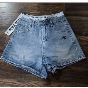 Calvin Klein Blue Denim High-Waist Shorts with Elastic Logo Waistband